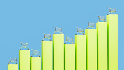 A Series of Shopping Carts Standing on Ascending Green Bars against a Blue Background Symbolizing Growth in Sales or Purchases