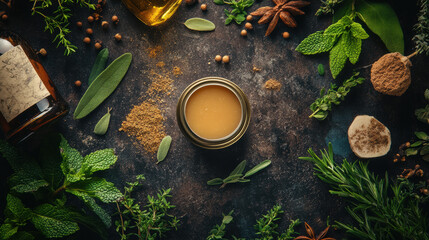Slow swirl of herbs and spices around round soap tin on rustic dark surface with natural green leaves and brown powder creating earthy, organic aesthetic