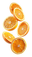 Fototapeta premium flying orange half slices isolated on transparent white background, clipping path