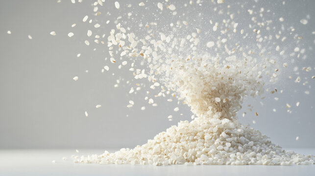 Sticky rice grain explosion with powder burst on white background, dynamic motion and texture in macro lens shot creating energetic and lively visual effect