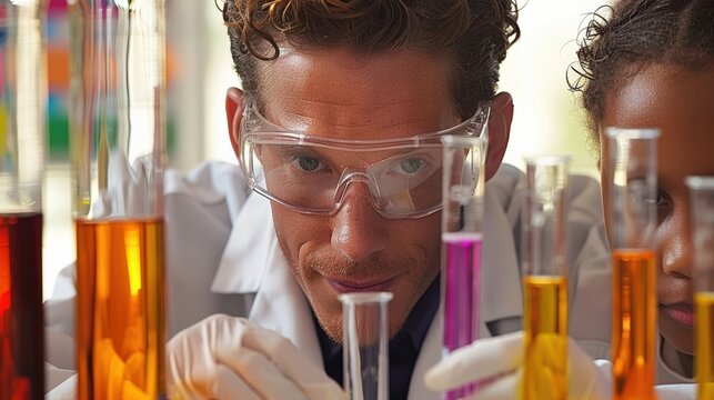 Caucasian male scientist wearing lab coat, protective goggles analyzing chemical liquids in glass test tubes during science laboratory experiment with intense concentration and scientific precision.