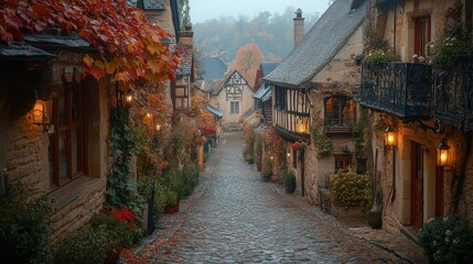 Fototapeta premium Autumnal Charm: A Picturesque Cobblestone Street in a European Village