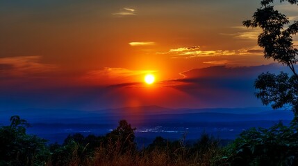 Obraz premium Stunning Sunset over Blue Ridge Mountains with Silhouetted Layers and Orange Purple Sky