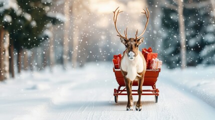 A reindeer pulls a red sleigh filled with wrapped gifts through a snowy winter forest during snowfall.