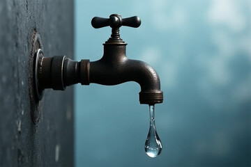 Dripping Water Faucet &ndash; Single Droplet Suspended in Air, Symbolizing Conservation and Sustainability