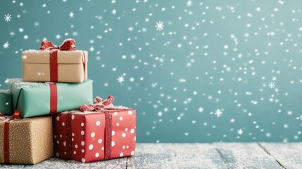 Three colorful gift boxes with ribbons sit in falling snowflakes against a teal background