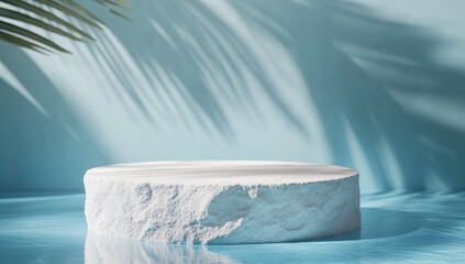 White stone podium on blue reflective surface, bathed in sunlight and palm shadows