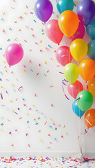 colorful balloons floating and multi color confetti paper on white wall for celebration party or birthday party banner background with copy space , with white tonespng