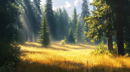 Obraz premium Sunbeams through a golden meadow in a lush forest