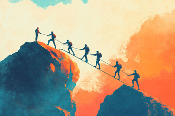 Teamwork climbers ascending mountain peak rope support collaboration challenge
