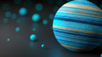 Fototapeta premium Close up of textured blue and orange striped spherical object with multiple smaller blue spheres scattered in dark space, creating dreamy and abstract visual effect