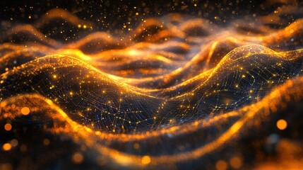 Abstract network background with glowing golden dots and lines. Futuristic technology concept with a dynamic wave pattern for science, engineering, and digital design projects.