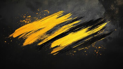 Abstract art with bold yellow and black brushstrokes on a dark textured background