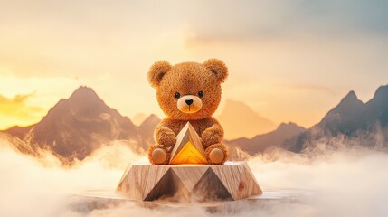 Cute artisanal wooden teddy, abstract olive cubism design over a soft misty gradient light