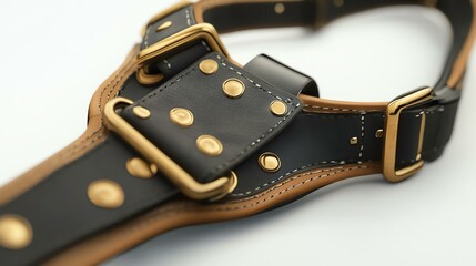 Stylish leather harness with golden accents.