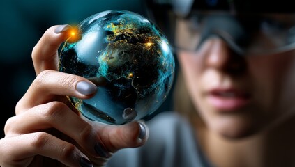 VR user interacts with holographic Earth globe showing global data connections