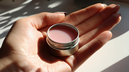 Soft lip balm tin held in elegant hand with natural light creating gentle shadows and warm skin tones, conveying calm and soothing feeling of self care and beauty