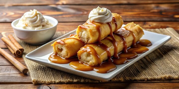 Crunchy turon deep fried banana slices served with a scoop of creamy coconut ice cream and drizzled with a sweet caramel sauce on a wooden table