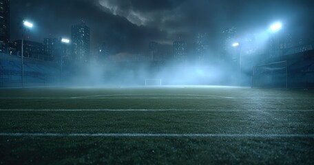 Naklejka premium Misty soccer field under dramatic night sky.