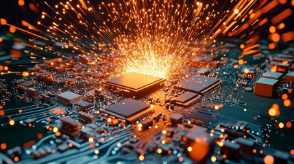 Laser beam welding of an electronic chip on the circuit board, close-up, macro photography, shallow depth of field