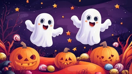 Naklejka premium Whimsical Halloween illustration featuring smiling ghosts, carved pumpkins, candies, and stars against a dark purple and orange background. Festive and spooky scene.