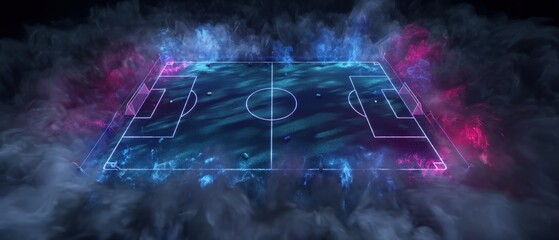 Neon-lit football field surrounded by mist.
