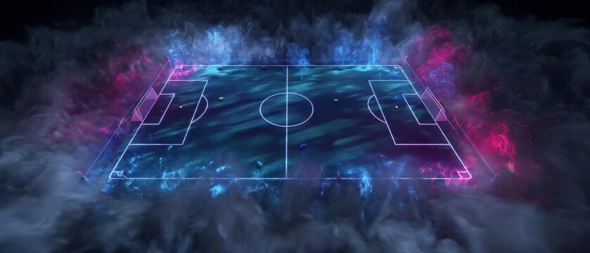 Neon-lit football field surrounded by mist.