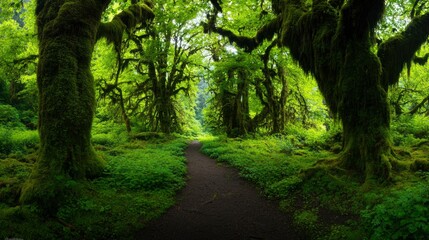 Naklejka premium Lush forest path, vibrant greenery