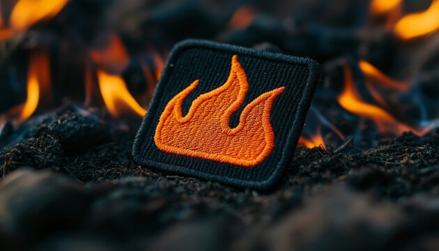 Embroidered patch with orange flames on black fabric