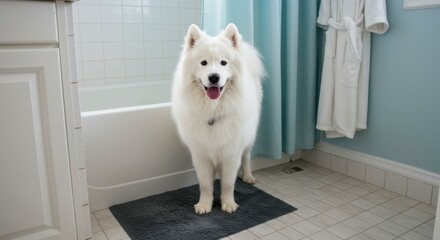 White dog in bathroom