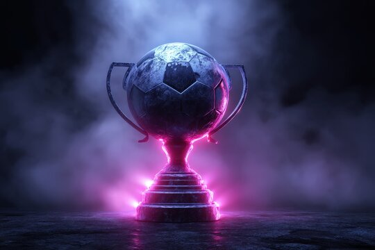 Glowing soccer trophy with dramatic lighting.