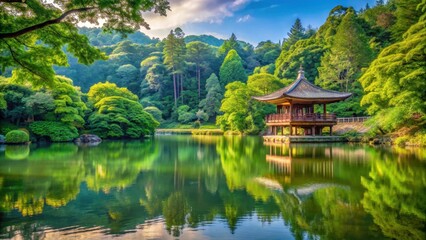 Obraz premium Serene landscape of a peaceful lake surrounded by lush greenery and towering trees