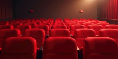 Fototapeta premium Rows of plush red cinema seats awaiting an audience to enjoy a captivating film