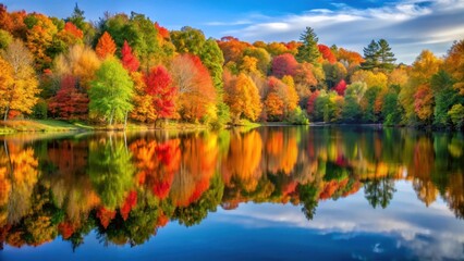 Fototapeta premium Serene autumn lake with vibrant foliage and trees reflected in the calm water