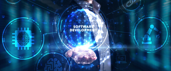 Naklejka premium Inscription Software Development on the virtual display. Business, modern technology, internet and networking concept.