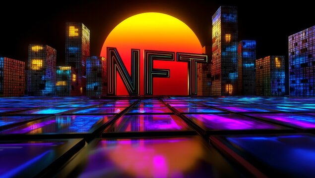 Futuristic NFT Cityscape with Digital Sunset