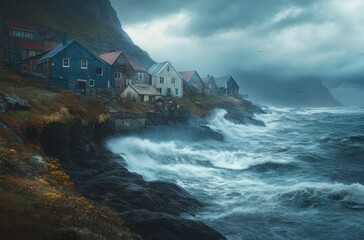 A moody coastal village bracing for a storm, waves crashing against rocks