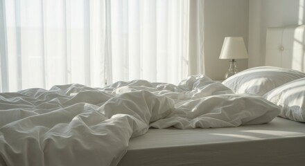 Messy white bed in bright sunlight