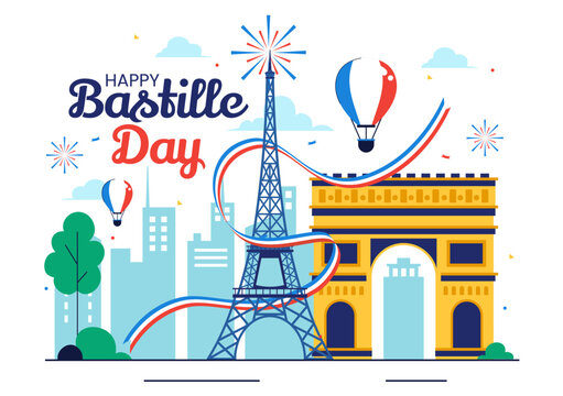 Happy Bastille Day Vector Illustration on July 14, featuring the French Flag, Ribbon, and Eiffel Tower in a National Holiday Flat Background