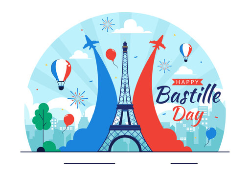 Happy Bastille Day Vector Illustration on July 14, featuring the French Flag, Ribbon, and Eiffel Tower in a National Holiday Flat Background