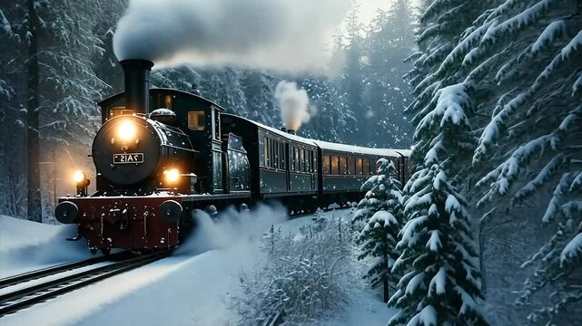 Steam train chugs through snowy winter forest