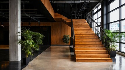 Modern wooden staircase in a spacious interior