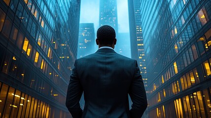 Fototapeta premium Businessman looks towards city skyline