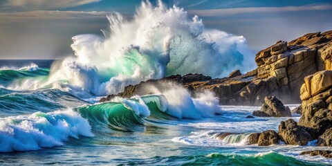 Fototapeta premium Ocean wave crashing against rugged rocky coastline with sea spray and foamy water, waves, crash, waves, crash, surf, rocky, rock