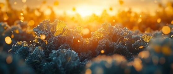 Golden sunset over a field of plants.