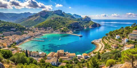 Fototapeta premium Panoramic view of Port de Soller with turquoise sea and surrounding mountains, Mediterranean Sea, villages