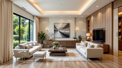 Fototapeta premium Modern elegant living room with spacious design, natural light, large windows, and stylish furniture in neutral tones