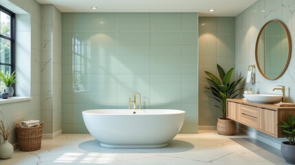 Elegant and Modern Bathroom Design with Freestanding Tub, Natural Light, and Stylish Green Tiles