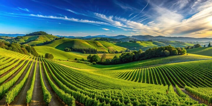 Rolling hills and lush green vineyards stretching as far as the eye can see under a brilliant clear blue sky with only a few wispy clouds scattered about , clear sky, rolling hills
