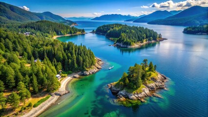 Fototapeta premium Aerial view of Bowen Island with lush green forests and turquoise waters surrounding a picturesque coastline